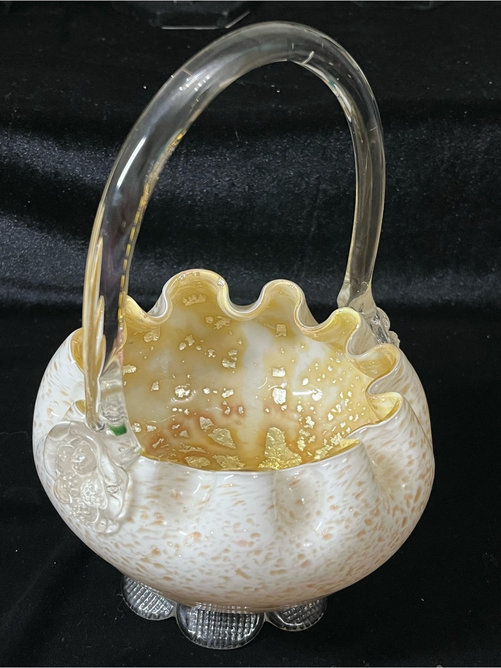 Vintage Murano Ruffled Glass Basket Gold Foglia d'Oro Avventurina technique